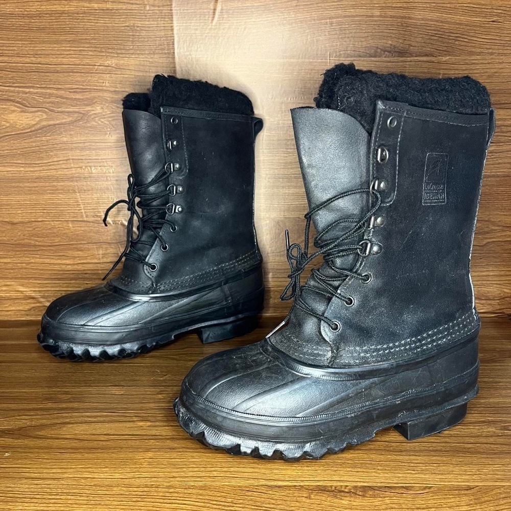 Vtg LaCrosse Iceman chunky fiberglass shank black fleece lined boots Men’s 7